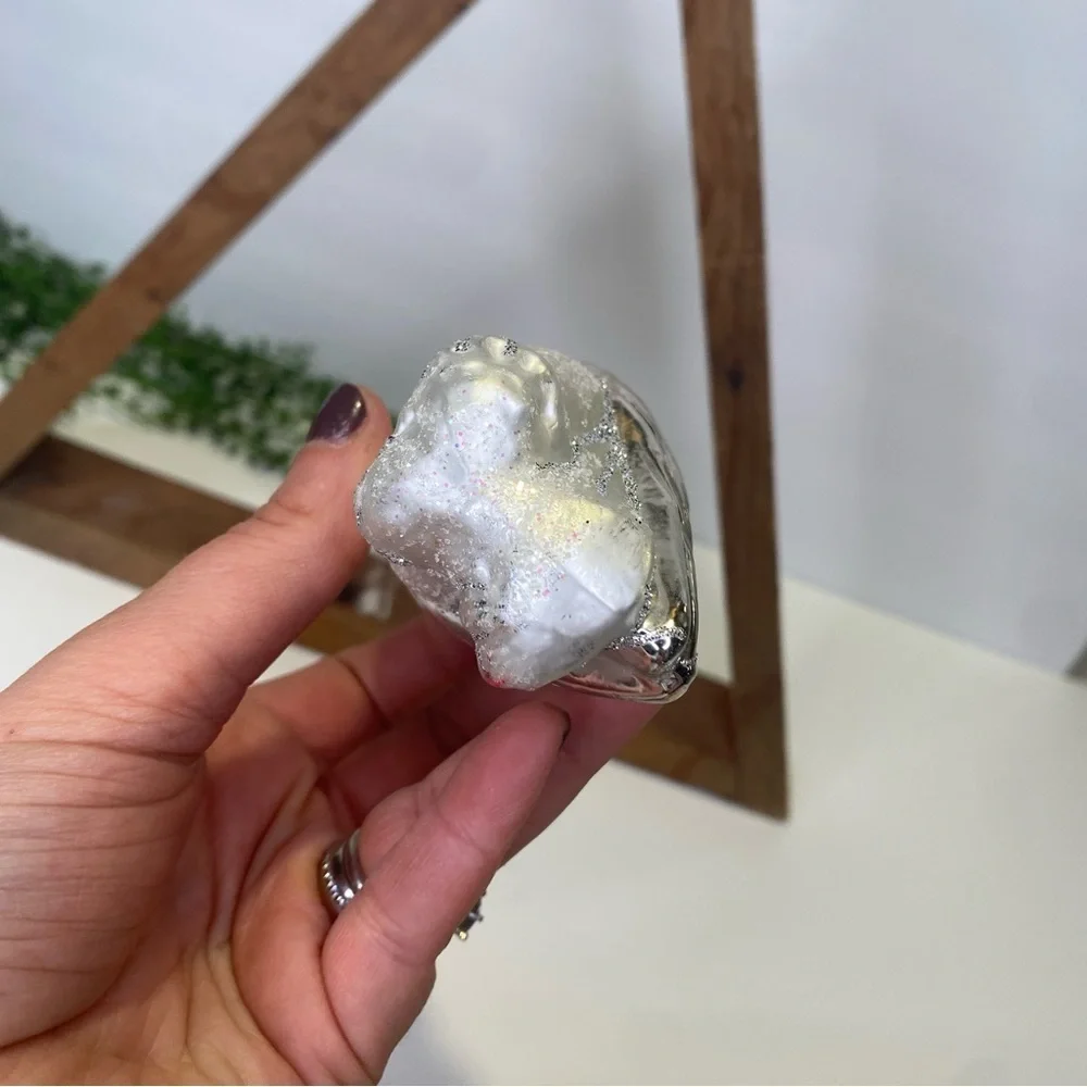 Hand Blown Glass Frosted White & Silver Owl Christmas Ornament